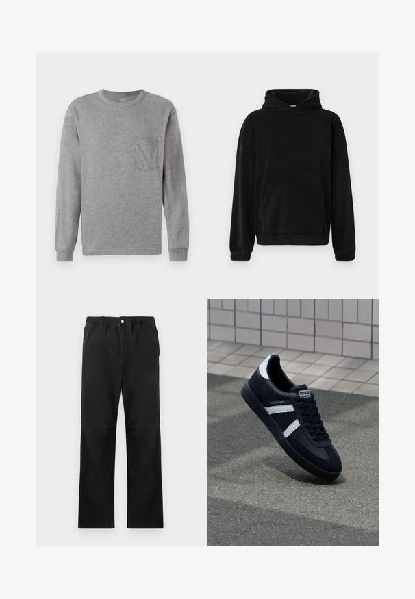 Sweat à capuche noir en matière polaire douce, avec une poche avant, des manches longues et des poignets côtelés. Design minimaliste, sans motifs visibles.; T-shirt à manches longues gris avec un col rond, doté d'une poche poitrine et de poignets côtelés. Fabriqué en coton souple et léger.; Pantalons noirs en coton avec une taille élastique, présentant une coupe droite, une texture lisse et sans accents ni motifs visibles.; Sneaker en cuir noir avec des rayures blanches, semelle en caoutchouc texturée et devant à lacets. Présente une étiquette de marque sur la languette.