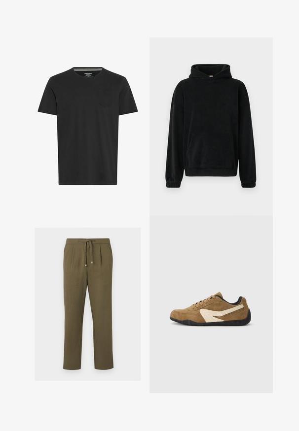 Sort hættetrøje i blødt fleece-materiale, med en frontlomme, lange ærmer og ribkantede manchetter. Minimalistisk design, ingen synlige mønstre.; Sort kortærmet T-shirt lavet af bomuld. Har en rund hals og en lille lomme på venstre bryst. Glat tekstur og simpelt design.; Olivengrønne bukser med lige ben, snøre i taljen, sidelommer og front-lommer, vist på en hvid baggrund.; Brune suede sneakers med et design i creme. Har sorte gummisåler og snørebånd, med en slank, lavprofilform.
