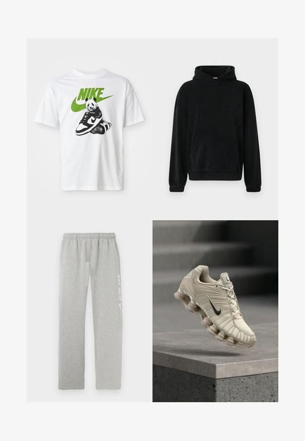 Sort hættetrøje i blødt fleece-materiale, med en frontlomme, lange ærmer og ribkantede manchetter. Minimalistisk design, ingen synlige mønstre.; Hvid bomulds t-shirt med et sort-hvidt panda grafik, der holder en Nike sneaker, med et grønt Nike-logo ovenfor.; Grå joggingbukser lavet af blødt materiale med elastisk taljebånd. Har en hvid "JUST DO IT" tekst og Nike swoosh-logo på det ene ben.; Beige Nike løbesko med sort swoosh, åndbart overdel og karakteristisk opdelt sål, placeret over en betonplatform.