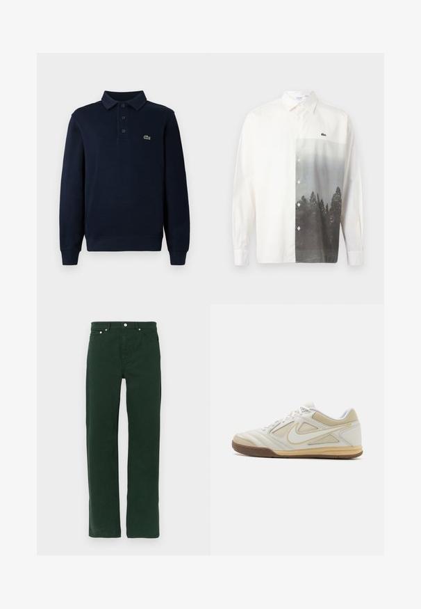 Polo à manches longues bleu marine avec patte de boutonnage et petit logo de crocodile vert sur la poitrine.; Chemise blanche à manches longues avec boutons, ornée d'un paysage forestier en niveaux de gris imprimé sur le côté droit avant et d'un petit logo de crocodile vert.; Pantalon en coton vert avec une coupe droite, doté d'une fermeture éclair, de cinq poches et de boutons en métal argenté. Texture lisse, sans motifs visibles.; Chaussure de sport blanche avec une tige texturée, accents gris, design à lacets et semelle en caoutchouc beige. Présente un logo distinctif sur le côté.