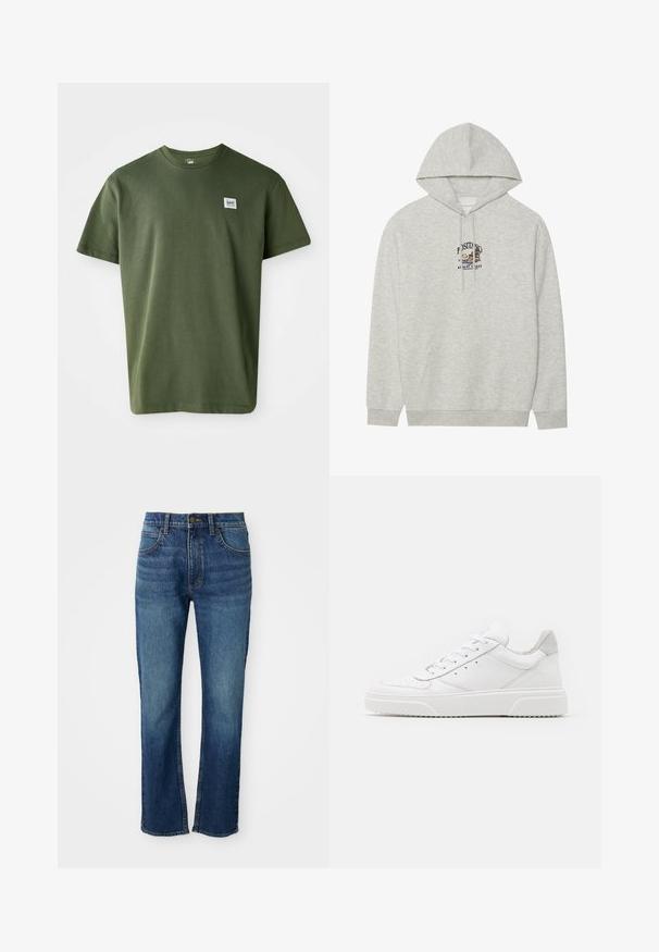 Haut de sweat à capuche gris clair en tissu doux, avec une poche frontale, des cordons de serrage et un design brodé "Positano Côte Amalfitaine" sur la poitrine.; T-shirt en coton vert olive avec un col rond, des manches courtes et un petit patch logo sur la poitrine gauche. Texture lisse, coupe décontractée.; Jean en denim bleu avec un design à jambe droite, comportant cinq poches, une fermeture à boutons et des coutures jaunes contrastantes. Texture lisse.; Des baskets en cuir blanc avec une finition lisse, un bout rond, des lacets plats et une semelle texturée. Accents en daim gris au niveau du talon.