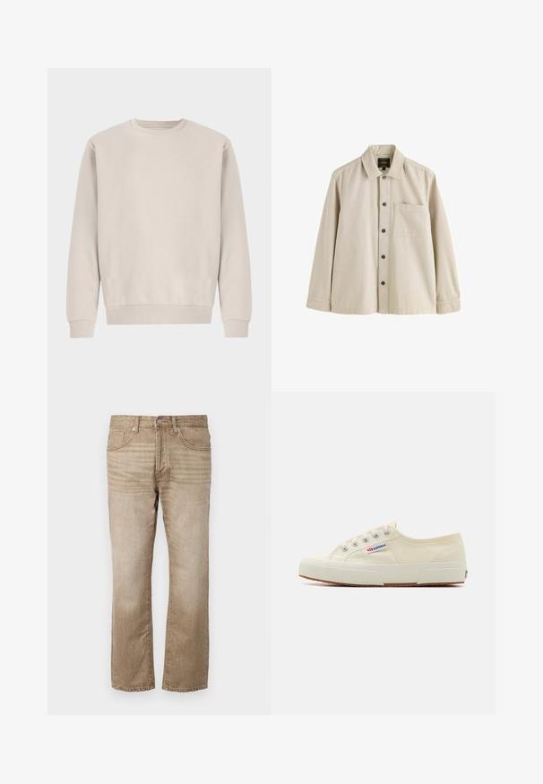 Beige Sweatshirt mit Rundhalsausschnitt aus weicher Baumwolle, mit einem lockeren Schnitt, Rippbündchen und -saum, ohne sichtbare Muster oder Beschläge.; Beiges Langarmhemd mit Knöpfen, Kragen und einer Brusttasche aus robustem Stoff.; Beige Denim-Jeans im Straight-Leg-Design mit fünf Taschen, Knopfverschluss und dezentem Verblassen des Stoffes.; Beige Leinen-Sneaker mit niedrigem Profil, Metallösen und Gummisohle. Mit einem strukturierten Muster und einem Logodetail an der Seite.