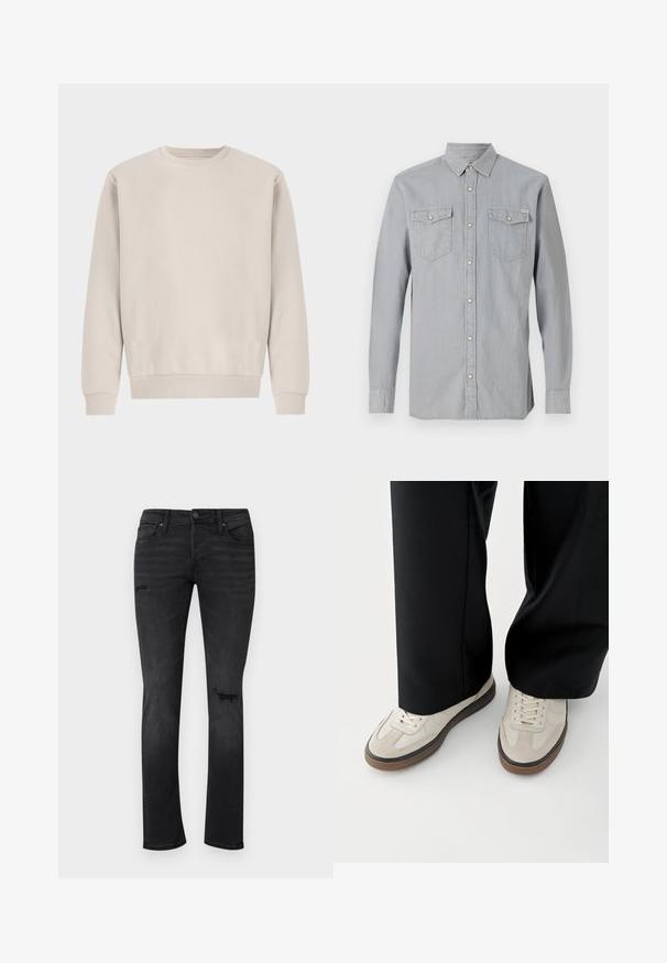 Sweatshirt beige à col rond en coton doux, avec une coupe décontractée, des poignets et un ourlet côtelés, sans motifs ni éléments métalliques visibles.; Chemise en jean gris clair à manches longues, boutonnée sur le devant, avec deux poches poitrine à rabats et boutons, et un col pointu.; Jeans en denim noir avec une coupe slim, présentant des zones déchirées visibles au niveau des genoux, cinq poches, ainsi qu'une fermeture standard à bouton et à glissière.; Pieds portant des baskets beige avec des semelles marron et un pantalon noir à jambes larges sur fond blanc.
