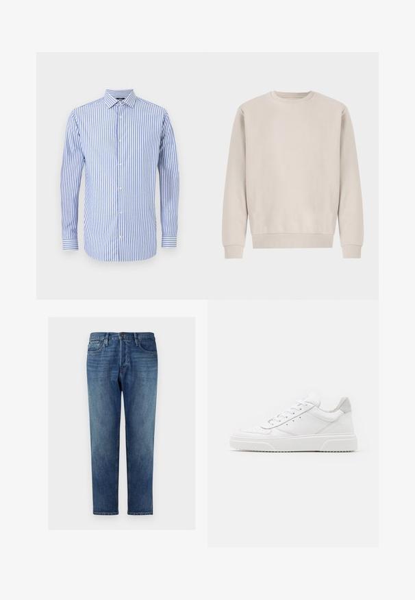Beige crewneck sweatshirt lavet af blødt bomuld, med en afslappet pasform, ribbede mansjetter og kant, uden synlige mønstre eller hardware.; Blå og hvid stribet button-up skjorte med krave, lange ærmer og lige kant. Blødt stof og klassisk pasform.; Blå denim jeans med lige ben, femlommesdesign, knaplukning, bleg vask og diskrete stikninger langs sømmene.; Hvide lædersneakers med en glat finish, rund tå, flade snørebånd og en struktureret sål. Grå ruskindsdetalje ved hælen.