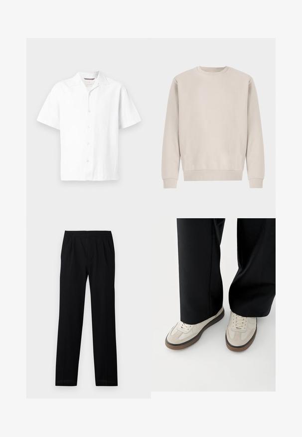 Beige crewneck sweatshirt lavet af blødt bomuld, med en afslappet pasform, ribbede mansjetter og kant, uden synlige mønstre eller hardware.; Hvid kortærmet skjorte lavet af struktureret stof. Har en splitkrave og fem frontknapper med en lige kant. Letvægtsdesign.; Sorte bukser med elastisk talje, lige ben og subtile plisséer. Glat tekstur og let materiale. Ingen synlige mønstre.; Fødder iført beige sneakers med brune såler og sorte bukser med vide ben på hvid baggrund.