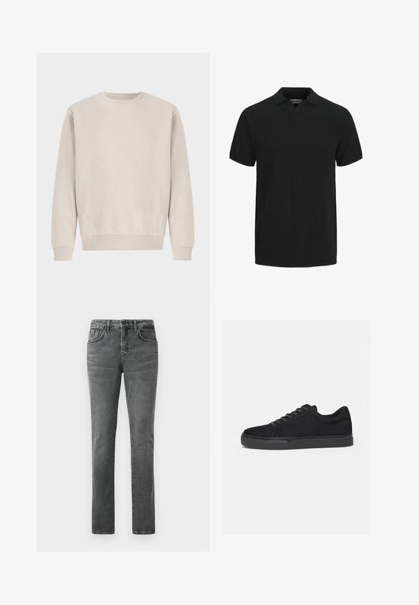 Beige Sweatshirt mit Rundhalsausschnitt aus weicher Baumwolle, mit einem lockeren Schnitt, Rippbündchen und -saum, ohne sichtbare Muster oder Beschläge.; Schwarzes kurzärmliges Polohemd mit Kragen und kleinem V-Ausschnitt, hergestellt aus strukturiertem Stoff.; Graue Jeans aus Denim mit geradem Bein, Fünf-Taschen-Design, dezenter Ausbleichung und Gürtelschlaufen. Keine sichtbaren Logos oder Verzierungen.; Schwarzer Low-Top-Sneaker mit Schnürung vorne und flacher Gummisohle, seitlich auf weißem Hintergrund dargestellt.