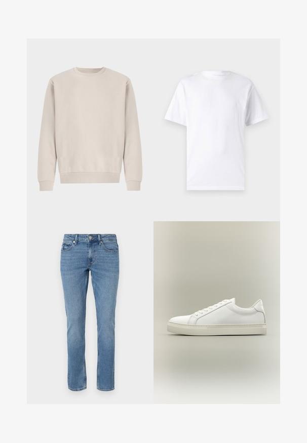 Sweatshirt beige à col rond en coton doux, avec une coupe décontractée, des poignets et un ourlet côtelés, sans motifs ni éléments métalliques visibles.; T-shirt blanc à manches courtes en coton avec un col rond, présentant une texture lisse et un design simple, sans motifs ni accents.; Jean en denim bleu à jambes droites avec poches avant, passants de ceinture et fermeture à bouton.; Baskets blanches basses à lacets sur l’avant et semelle épaisse, vues de côté sur un fond neutre.