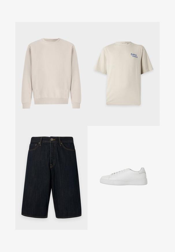 Beige Sweatshirt mit Rundhalsausschnitt aus weicher Baumwolle, mit einem lockeren Schnitt, Rippbündchen und -saum, ohne sichtbare Muster oder Beschläge.; Beiges T-Shirt mit kurzen Ärmeln, blauem Schriftzug „Endless Nature“ auf der linken Brust und rundem Halsausschnitt.; Dunkelblaue Denim-Shorts mit geradem Schnitt, ausgestattet mit gelben Nähten, fünf Taschen und einem vorderen Knopfverschluss. Glatte Textur.; Weiße Sneaker aus glattem Leder mit runder Zehenpartie, gesteppten Details und einer flachen Gummisohle. Minimalistisches Design mit Schnürung.