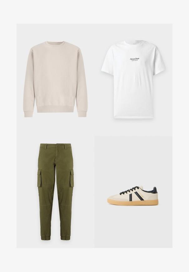 Sweatshirt beige à col rond en coton doux, avec une coupe décontractée, des poignets et un ourlet côtelés, sans motifs ni éléments métalliques visibles.; T-shirt en coton blanc à manches courtes, arborant le texte "Palmiera Pantó" et "VENICE BEACH" en écriture noire sur le devant.; Pantalons cargo vert olive avec poignets élastiques, dotés de deux poches cargo latérales, d'une fermeture à bouton à l'avant et d'un tissu lisse et léger.; Baskets décontractées en crème avec des rayures noires, présentant un dessus texturé et une semelle en caoutchouc. Les lacets sont noirs. Logo discret sur le côté.