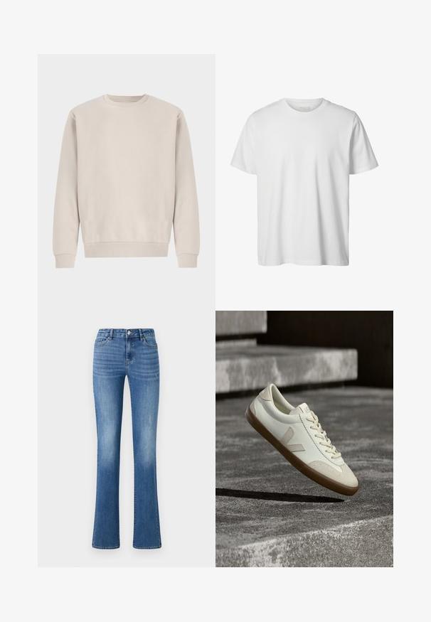 Beige crewneck sweatshirt gemaakt van zachte katoen, met een ontspannen pasvorm, ribgebreide boorden en zoom, zonder zichtbare patronen of hardware.; Eenvoudig wit T-shirt met korte mouwen en ronde hals, losse pasvorm en zonder zichtbare logo's of ontwerpen aan de voorkant.; ONLY ONLWAUW MID WAIST - Slim fit jeans - medium blue denim; Witte leren sneakers met een bruine rubberen zool, platte veters en een V-vormig accent aan de zijkant. Ze hebben een glad oppervlak en minimale stikdetails.
