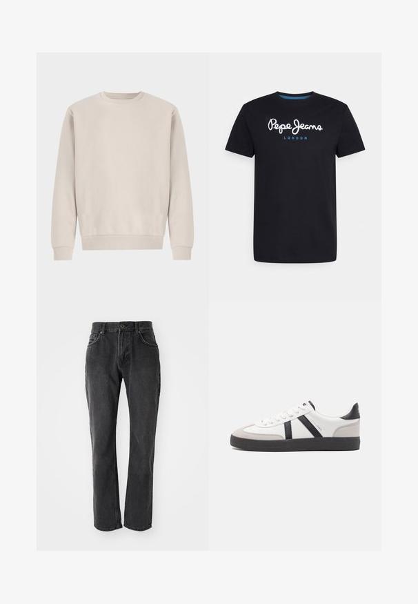Beige Sweatshirt mit Rundhalsausschnitt aus weicher Baumwolle, mit einem lockeren Schnitt, Rippbündchen und -saum, ohne sichtbare Muster oder Beschläge.; Schwarzes Baumwoll-T-Shirt mit einem weißen Schriftlogo "Pepe Jeans" und blauen Akzenten, Rundhals und kurzen Ärmeln. Einfaches, schlichtes Design.; Schwarze Denim-Jeans mit geradem Schnitt, ausgestattet mit fünf Taschen, einem Knopfverschluss und genähten Details entlang der Nähte und Taschen.; Weiße Sneaker mit schwarz- und grau-aczenten, ausgestattet mit einer strukturierten grauen Zehenkappe, schwarzer Gummi-Sohle und flachen weißen Schnürsenkeln. Sauberes Design, minimalistische Stil.