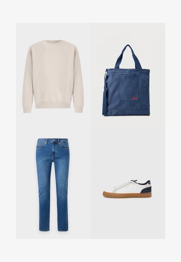 Beige crewneck sweatshirt gemaakt van zachte katoen, met een ontspannen pasvorm, ribgebreide boorden en zoom, zonder zichtbare patronen of hardware.; Blauwe denim jeans met een recht gesneden ontwerp, vijf-pocket stijl en een knoopsluiting in de taille. Bevat stiksel details langs de naden.; Witte canvas sneakers met marineblauwe en grijze suède accenten. Voorzien van een rubberen zool in tandpasta kleur, een afgeronde neus en een klassiek vetersysteem.; Blauwe canvas tas met voorvak en rode "O.N.S" borduring, voorzien van dubbele handvatten en een verstelbare schouderriem.