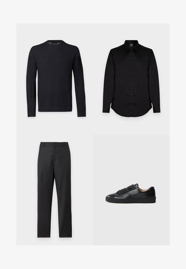 Pull noir à manches longues avec col rond, motif texturé subtil, poignets et ourlet côtelés, présenté sur un fond uni gris clair.; Chemise noire à manches longues avec boutons, col classique et logo A|X subtil sur le bas à gauche devant.; Pantalon de costume noir à jambes droites, passants pour ceinture et fermeture frontale dissimulée, présenté sur un fond blanc.; Baskets en cuir noir avec une texture lisse, bout rond et fermeture à lacets. Comprend une semelle en caoutchouc épaisse et un minimum de détails de marque.