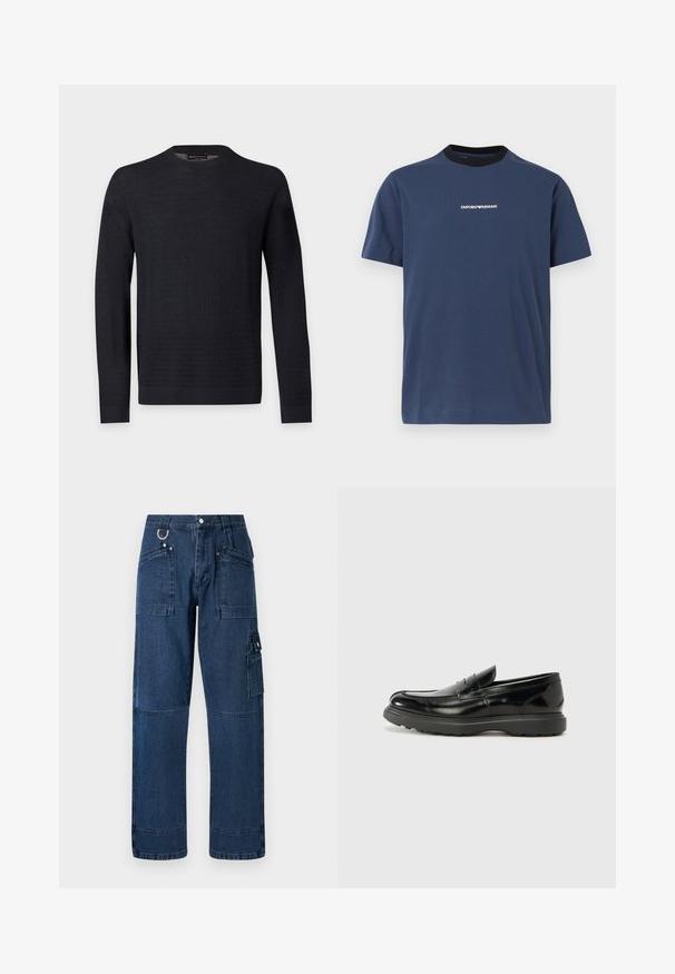 Schwarzer Langarmpullover mit Rundhalsausschnitt und dezentem Strukturmuster, gerippten Bündchen und Saum, dargestellt auf einem schlichten hellgrauen Hintergrund.; Marineblaue Kurzarm-T-Shirt mit schwarzem Rundhalsausschnitt und kleinem weißem Emporio Armani Logo mittig auf der Brust.; Dunkelblaue Denim-Cargo-Hosen mit geradem Schnitt, ausgestattet mit mehreren Taschen, metallischen Beschlägen und Kontrastnähten.; Schwarze Lederloafer mit glanzendem Finish, abgerundetem Zehenbereich, subtilen Steppnähten und einer dicken Gummisohle für Langlebigkeit.