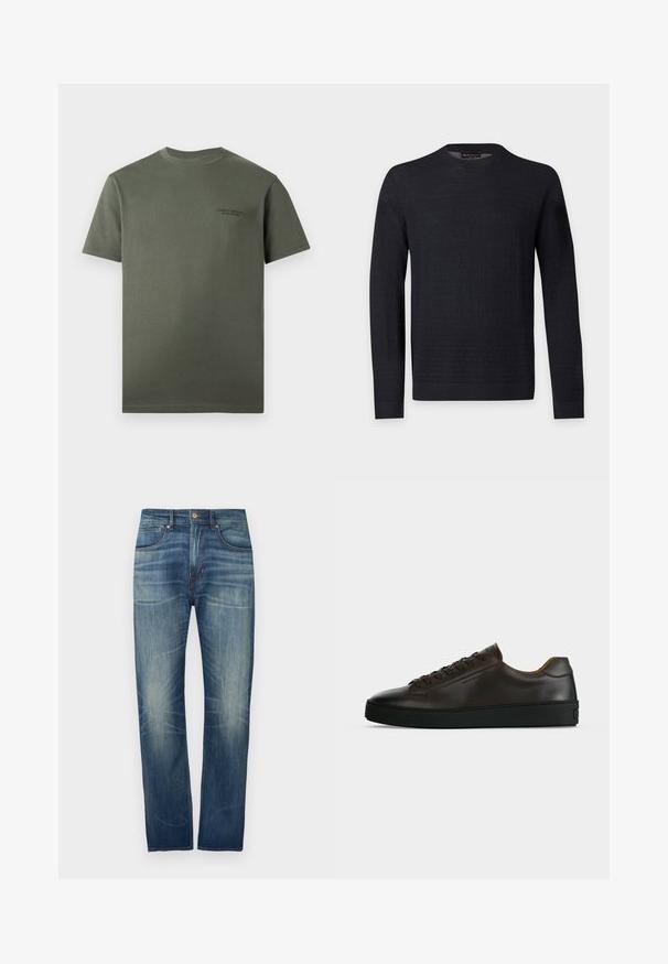 Pull noir à manches longues avec col rond, motif texturé subtil, poignets et ourlet côtelés, présenté sur un fond uni gris clair.; T-shirt uni vert foncé à manches courtes avec col rond et petit logo texte subtil sur le côté gauche de la poitrine.; Jean en denim bleu foncé à coupe droite, avec un léger délavage, cinq poches et une fermeture par bouton à la taille.; Baskets basses en cuir marron foncé avec semelle en caoutchouc noire, lacets à l'avant et design minimaliste épuré sur fond clair.