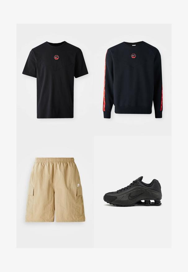 Marineblauer Sweatshirt mit einem hexagonalen roten Nike-Logo auf der Brust. Besondere Merkmale sind rote Akzente an den Ärmeln und ein strukturiertes, weiches Material.; Schwarzes kurzärmeliges T-Shirt aus Baumwolle mit einem sechseckigen roten und weißen Nike-Logo auf der Brust und einem abgerundeten Ausschnitt.; Beige Cargo-Shorts mit elastischem Bund, Seitentaschen und kleinem weißen Nike-Logo. Leichter Stoff mit zerknitterter Textur.; Schwarze Laufschuhe mit einem glatten synthetischen Obermaterial, durchbrochenen Akzenten, strukturierten Seitenpaneelen und einer ausgeprägten federnden Sohle.