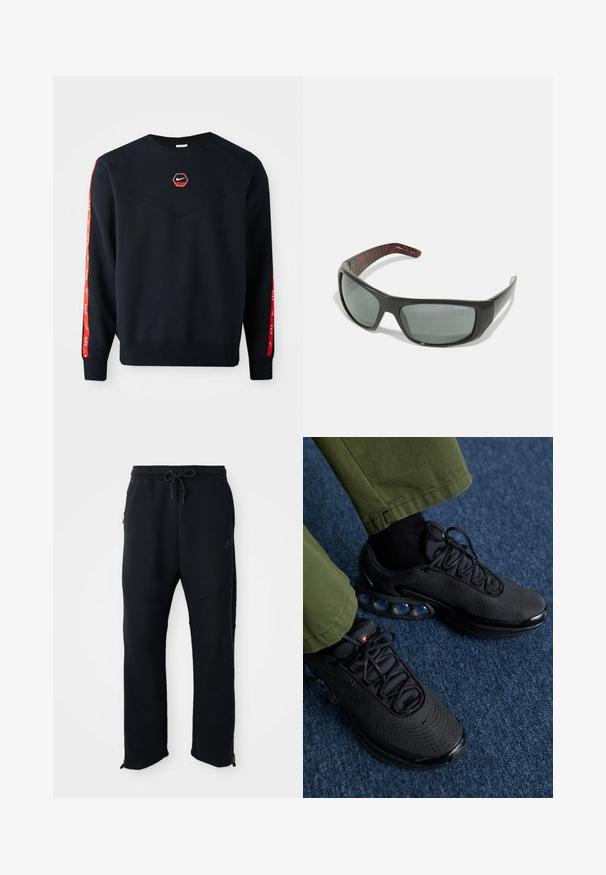 Marineblauer Sweatshirt mit einem hexagonalen roten Nike-Logo auf der Brust. Besondere Merkmale sind rote Akzente an den Ärmeln und ein strukturiertes, weiches Material.; Schwarze Sporthose mit elastischem Bund und Kordelzug, seitlichen Taschen, schmal zulaufenden Beinen und Reißverschlüssen an den Knöcheln. Glatte Textur.; Schwarze Sportschuhe mit einem Obermaterial aus Mesh, strukturiertem Oberflächenmaterial und sichtbaren Luftpolsterkissen. Kombiniert mit olivgrünen Hosen und schwarzen Socken.; Arnette HOT SHOT - Sonnenbrille - dark grey