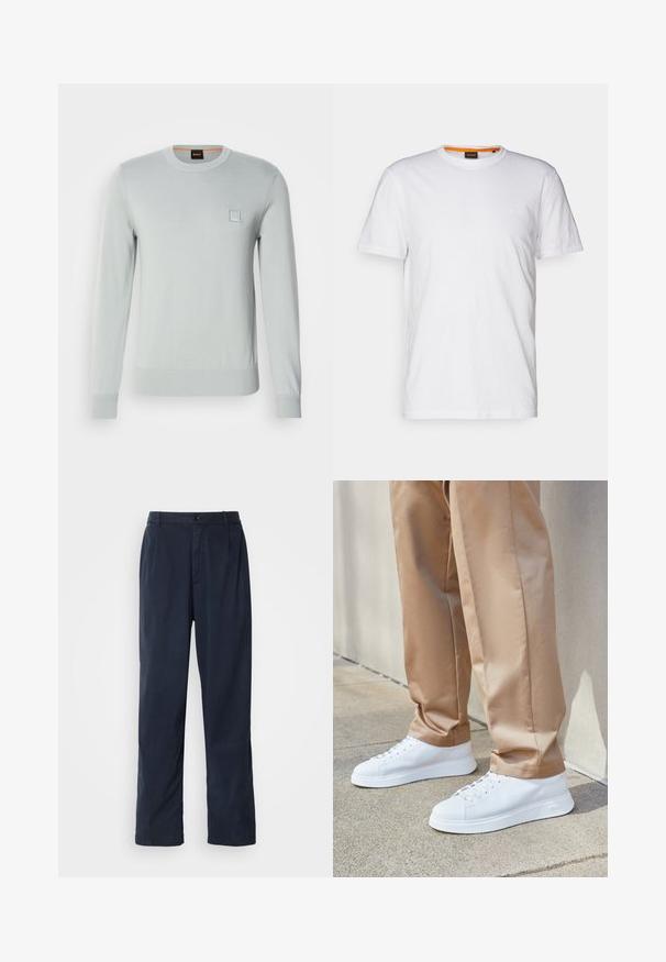 Lichtgrijze gebreide trui met lange mouwen, geribde manchetten en zoom, met een klein blauw logopatch op de borst. Zachte, gladde textuur.; Witte katoenen T-shirt met ronde hals, korte mouwen en een subtiel reliëflogo op de borst. Het binnenlabel heeft een oranje accent.; Navyblauwe broek van een katoenmix. Heeft een recht model, een sluiting met een voorste knoop en subtiele plooien. Gladde textuur.; Witte leren sneakers met een gladde afwerking, ronde neuzen, witte veters en een minimalistisch ontwerp. Draag ze met lichtbruine, taps toelopende broeken.