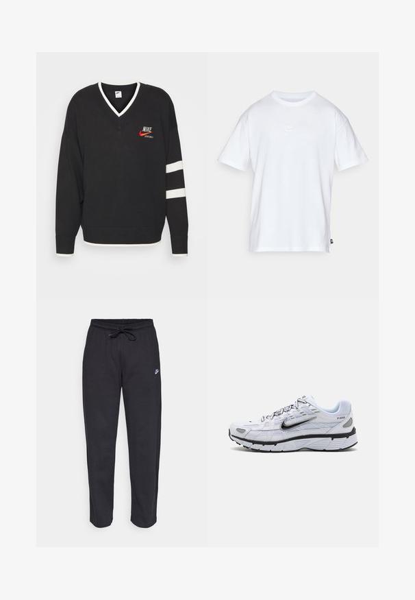 Pull en tricot noir avec un col en V, des accents blancs au col et aux poignets, un logo Nike rouge et des rayures blanches sur les manches.; T-shirt en coton blanc à manches courtes et col rond. Présente un petit logo Nike subtil sur la poitrine et une étiquette sur le côté.; Pantalons de survêtement noirs en tissu doux, avec une taille élastique, un cordon de serrage et un petit logo Nike sur la cuisse gauche.; Baskets de course blanches avec une tige en mesh, bout arrondi, accents noirs et semelle à motif. Comprend des lacets et une marque sur le côté.