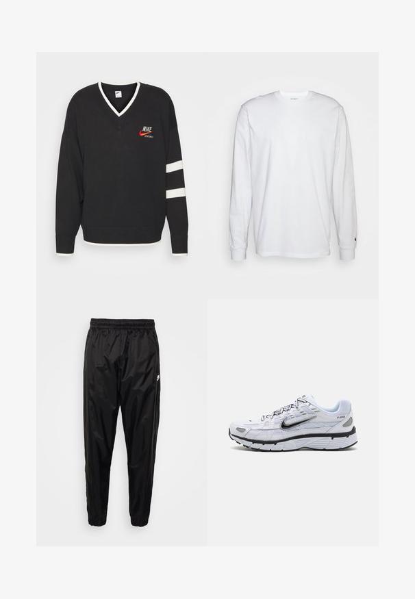 Čierny pletený sveter s výstrihom do V, biele akcenty na golieri a manžetách, červené logo Nike a biele pruhy na rukávoch.; Biela dlhá bavlnená tričko s dlhým rukávom. Dizajn s okrúhlym výstrihom a rebrovanými manžetami, malá nášivka na ľavom rukáve. Hladká textura.; Čierne tréningové nohavice vyrobené z ľahkého, lesklého materiálu s elastickým pásom, zúženým strihom a zipsovými vreckami. Obsahujú logo ako akcent.; Biele bežecké topánky s textilným zvrškom, zaoblenou špičkou, čiernymi akcentmi a vzorovanou podrážkou. Obsahujú šnurovanie a značku na boku.