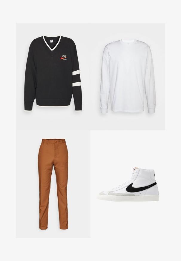 Čierny pletený sveter s výstrihom do V, biele akcenty na golieri a manžetách, červené logo Nike a biele pruhy na rukávoch.; Biela dlhá bavlnená tričko s dlhým rukávom. Dizajn s okrúhlym výstrihom a rebrovanými manžetami, malá nášivka na ľavom rukáve. Hladká textura.; Hnedé bavlnené nohavice s rovnými nohavicami, so zapínaním na gombík a bočnými vreckami. Hladká textura s jednotnou farbou po celom obvode.; Biele vysoké tenisky s čiernym swooshom, textúrovanou šedou špičkou a plochou bielou podrážkou. Obsahujú šesť dierok na šnúrky a prešívané akcenty.