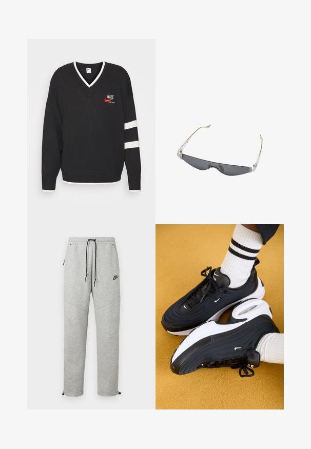 Sort striktrøje med V-hals, hvide detaljer ved kraven og manchetterne, rødt Nike-logo og hvide striber på ærmerne.; Grå Nike sweatpants med snøre i taljen, sidelommer og elastiske manchetter. Har en glat overflade og kontrastfarvet sort logo-detalje.; Sorte Nike Air Max 97 sneakers med tekstureret overdel, hvid sål og sorte accenter. Båret med hvide ribbede sokker med sorte striber.; Slanke, rektangulære solbriller med mørkt tonede glas, klare plast hængsler og tynde beige arme, der er buede for enden.
