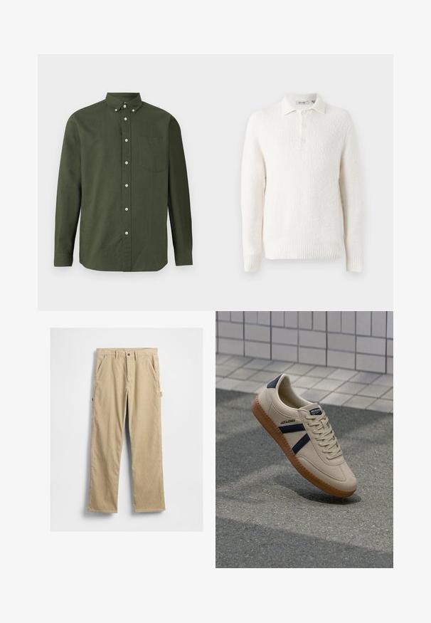 Valge kudumiga pullover, millel on tekstuuriga viimistlus, kraega kaelus ja kolme nupuga detail. Ribikäär ja varrukate ääred lõpetavad disaini.; Tume roheline nööbiga särk pikkade varrukatega, krae, ühe rinnataskuga ja valgete nööpide aktsentidega; valmistatud kergest kangast.; Beežid veluurpüksid sirgete sääreosadega, ees taskud ja nööp-kinnis. Omavad küljetaskut ja tekstuurse kangaga.; Bežist sneaker, millel on tekstureeritud viimistlus, tumesinised triibud ja kummi tald. Omab pehmendustega keelt ja traditsioonilist nööpimissüsteemi kindla istuvuse tagamiseks.