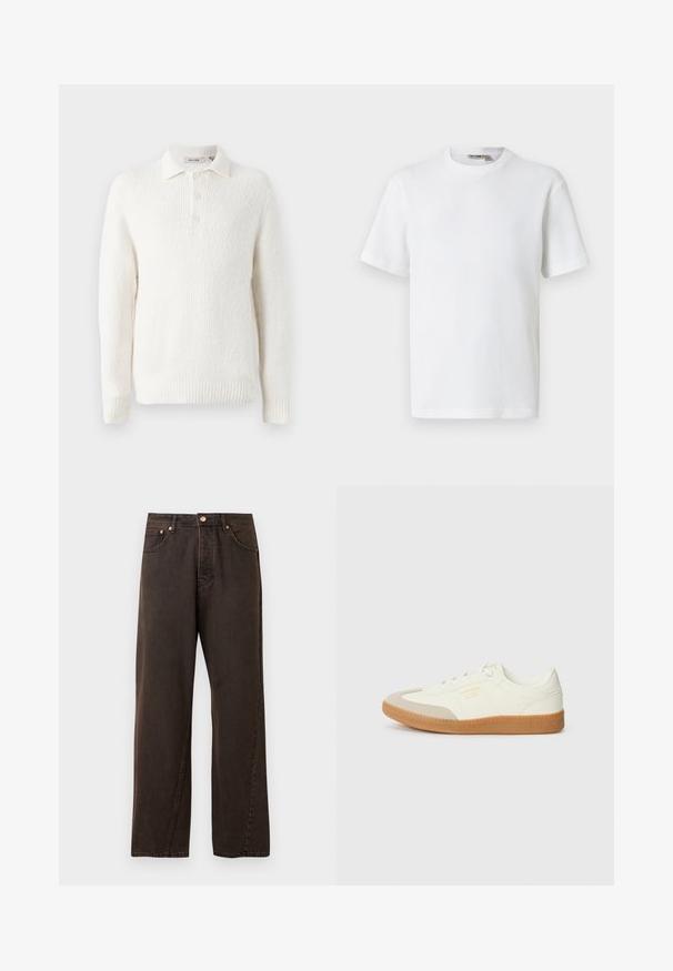 Pull en tricot blanc avec une finition texturée, col à boutons et patte de boutonnage à trois boutons. Une bordure et des poignets côtelés complètent le design.; T-shirt blanc à manches courtes en maille gaufrée avec col rond, petite étiquette de marque à l'intérieur du col, présenté sur un fond uni.; Jeans en denim marron foncé avec une coupe droite, comportant cinq poches, un bouton en cuivre et des détails de couture subtils.; Baskets en cuir blanc avec une coque beige et une semelle en caoutchouc marron clair. Dotées de lacets blancs plats et d'un logo embossé sur le côté.