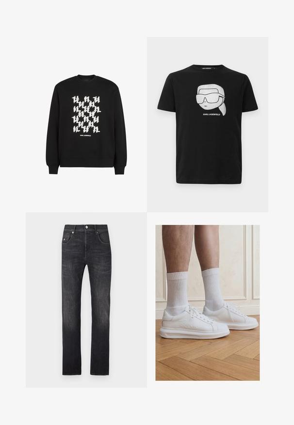 Sudadera negra con un atrevido patrón gráfico en blanco y el texto "KARL LAGERFELD" en la parte inferior. Fabricada en suave tela de algodón.; Camiseta de algodón negra con un gráfico blanco de un personaje estilizado que lleva gafas de sol grandes, con el texto "KARL LAGERFELD" debajo de la imagen.; Jeans de mezclilla gris oscuro con corte recto, que cuentan con cinco bolsillos, cierre de botón y detalles sutiles de descolorido a lo largo de las piernas.; Piernas con calcetines blancos acanalados y zapatillas blancas Karl Lagerfeld, de pie sobre un suelo de parquet de madera clara.