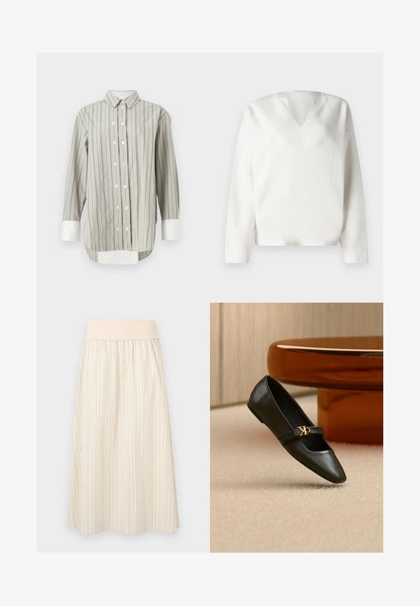 Hvid, tekstureret pullover med V-udskæring og lange ærmer. Har en kasseformet silhuet og blødt, hyggeligt stof. Enkel og minimalistisk design.; Stribet skjorte i grå og hvid, med klassisk krave, knaplukning med hvide knapper og kontrasterende hvide manchetter. Lange ærmer.; Kremfarvet plisseret nederdel med tynde lodrette striber, med en blød, elastisk taljebånd. Fremstillet i letvægtsstof for komfort.; Sort læder flad sko med spids tå og gyldent CK-logo på rem, placeret på beige tæppe nær et rundt ravbrunt bord.
