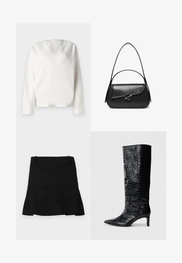 Pull blanc texturé avec un col en V et des manches longues. Présente une coupe ample et un tissu doux et confortable. Design simple et minimaliste.; Jupe noire courte avec un léger évasement à l'ourlet et des passants de ceinture à la taille sur un fond blanc.; Bottes noires montantes, avec une texture brillante à motif crocodile, bout pointu et talon effilé. Matériau synthétique lisse.; Sac à bandoulière en cuir noir avec un rabat incurvé fermé par un fermoir métallique rond et une sangle fine et ajustable.