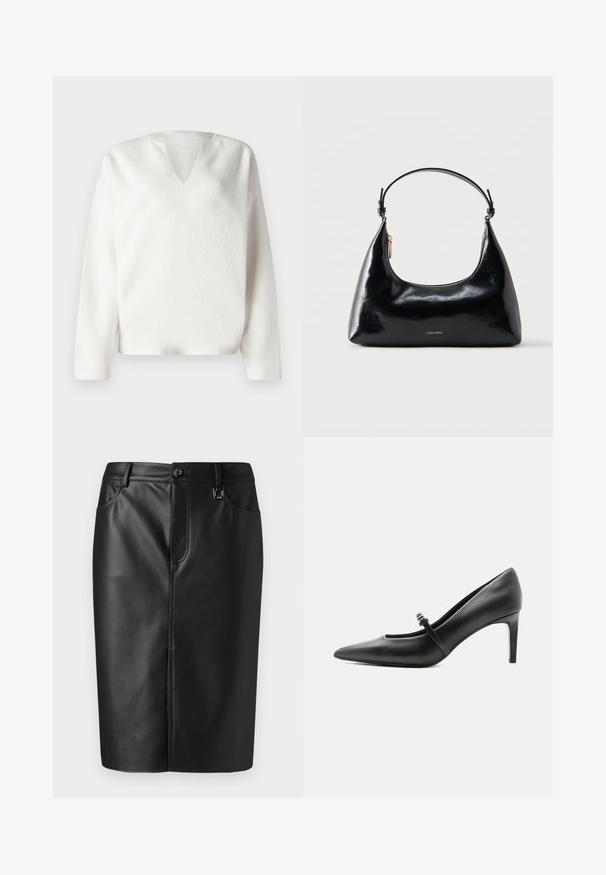 Suéter blanco texturizado con escote en V y mangas largas. Presenta un corte amplio y una tela suave y acogedora. Diseño simple y minimalista.; Falda lápiz negra de cuero con una textura suave, abertura frontal, bolsillos laterales y un cierre de botón en la cintura. Diseño minimalista.; Zapato de tacón alto de cuero negro con punta puntiaguda, con tira fina y hebilla sobre el empeine, sobre fondo claro y neutro.; Bolso negro brillante de Calvin Klein con cremallera dorada y correa corta sobre un fondo blanco liso.