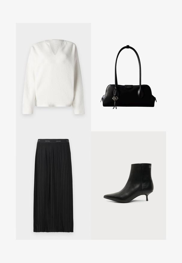 Witte, gestructureerde pullover met een V-hals en lange mouwen. Heeft een boxy vorm en zachte, comfortabele stof. Eenvoudig en minimalistisch ontwerp.; Zwarte geplooide midi-skirt met een elastische tailleband en herhalend Calvin Klein-logo in het wit.; Zwart leren enkellaars met puntige neus en lage kittenhak op lichte achtergrond, zijaanzicht buitenkant.; Zwarte leren Calvin Klein handtas met lange hengsels, een logo-label aan de voorkant en een zilverkleurige geometrische hanger die aan één hengsel hangt.