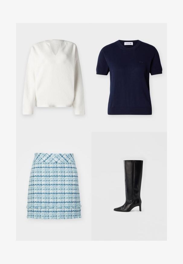 Pull blanc texturé avec un col en V et des manches longues. Présente une coupe ample et un tissu doux et confortable. Design simple et minimaliste.; Haut tricoté à manches courtes bleu marine avec encolure ronde, ourlets côtelés et petit logo Lacoste brodé sur le côté gauche de la poitrine.; Mini jupe en damier bleu avec un motif texturé, présentant un ourlet effiloché et une taille ajustée. Le design intègre différentes nuances de bleu.; Bottes noires montantes en cuir lisse, avec un bout pointu et un talon fin, une tige ajustée et un design minimaliste.