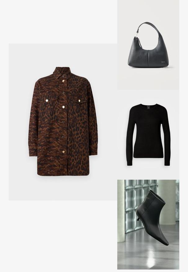 Schwarzer Pullover aus feinem Strickmaterial, mit rundem Halsausschnitt und langen Ärmeln mit enganliegenden Bündchen. Keine sichtbaren Muster oder Verzierungen.; Langärmliges Hemd mit Knopfleiste, gemustert mit braunem Camouflage- und Leopardenmuster, mit vorderen Klappentaschen und goldfarbenen Knöpfen.; Schwarzer Leder-Stiefelette mit spitzer Zehenpartie und niedrigem Kitten-Heel, schräg dargestellt vor einem polierten Boden und einer Glasbausteinwand.; Schwarze, strukturierte Lederhandtasche mit einem Trageriemen und Reißverschluss, mit kleinem Calvin Klein-Logo vorne unten rechts.