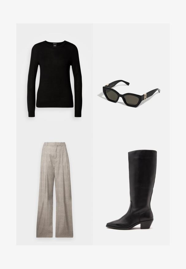 Pull noir en maille fine, avec un col rond et des manches longues à poignets ajustés. Pas de motifs ou d'ornements visibles.; Pantalons larges gris clair avec un subtil motif pied de poule, des plis, des passants de ceinture et une texture lisse.; Botte en cuir noire mi-mollet avec un bout pointu et un talon bas incliné sur un fond clair uni.; Tommy Hilfiger Lunettes de soleil - black