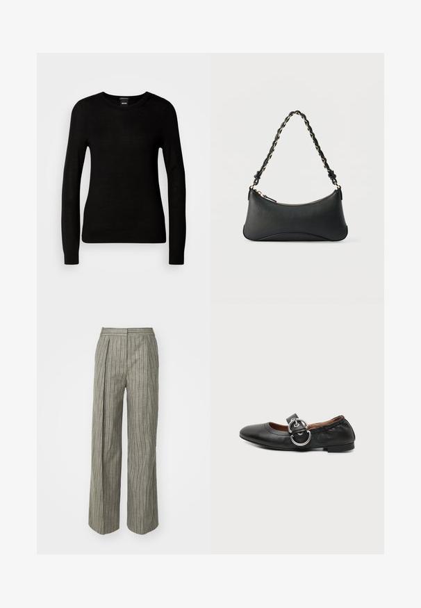 Suéter negro confeccionado en un material de punto fino, con cuello redondo y mangas largas con puños ajustados. Sin patrones ni adornos visibles.; Pantalones de pierna ancha a rayas grises con plisados, tejido texturizado, cintura alta y diseño confeccionado. Apta para uso casual o formal.; Zapato plano de cuero negro con punta redondeada y una gran hebilla de doble anillo plateada en la parte superior.; Bolso de hombro de cuero negro con forma rectangular curvada, cadena dorada entrelazada en una correa negra trenzada y cierre superior con cremallera.