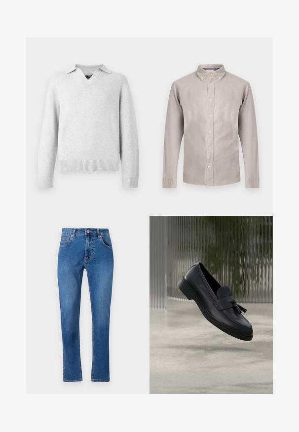 Suéter de punto gris claro con diseño de escote en V y cuello. Puños y dobladillo acanalados, con una textura suave y un ajuste casual.; Camisa de botón de manga larga de color gris claro con cuello, que presenta botones beige y una textura suave. El diseño incluye un corte clásico y un estilo sencillo.; Jeans de mezclilla azul con diseño de pierna recta, cinco bolsillos y detalles de costura visibles. El material muestra un ligero desvanecimiento. Estilo clásico.; Mocasines de cuero negro con textura suave, punta redondeada y borlas decorativas en el frente. Suela de goma flexible con tacón bajo.