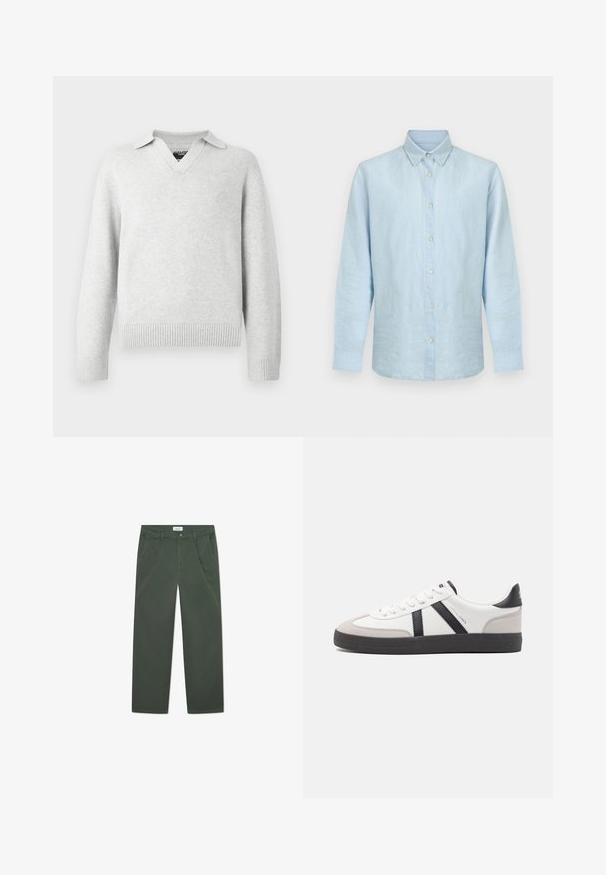 Suéter de punto gris claro con diseño de escote en V y cuello. Puños y dobladillo acanalados, con una textura suave y un ajuste casual.; Camisa azul claro de manga larga con botones, hecha de lino, que presenta un cuello clásico, botones frontales y un dobladillo recto con bordes redondeados.; Pantalones de algodón verde oscuro con un diseño de pierna recta, bolsillos frontales y cierre de botón en la cintura. Textura suave, sin patrones.; Zapatilla blanca con acentos en negro y gris, que presenta una puntera texturizada en gris, suela de goma negra y cordones planos blancos. Diseño limpio, estilo minimalista.