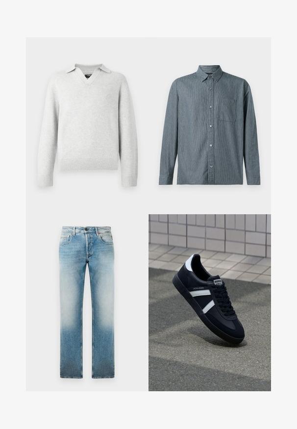 Lys grå striktrøje med V-hals og kravedesign. Ribstrikkede manchetter og kant, med en blød tekstur og afslappet pasform.; Abercrombie & Fitch CROPPED CURVED HEM - Skjorter - dark blue; Lys blå denim jeans med lige ben-design, der har et falmet vask, fem lommer og en knaplukning i taljen.; Sort lædersneaker med hvide striber, tekstureret gummisål og snørrebånd foran. Har et brandet mærke på tungen.