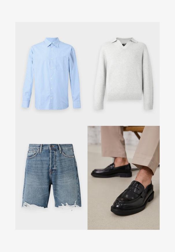 Pull en tricot gris clair avec un col en V et un design avec col. Poignets et ourlet côtelés, doté d'une texture douce et d'une coupe décontractée.; Chemise à rayures bleu clair et blanche à manches longues avec une poche poitrine unique. Design simple et classique sur un fond neutre.; Shorts en denim bleu clair avec un ourlet effiloché, design à cinq poches et coutures visibles. Présente un bouton de fermeture à la taille.; Mocassins en cuir noir avec une finition lisse, ornés d'une sangle décorative et de coutures contrastées, associés à un pantalon beige.