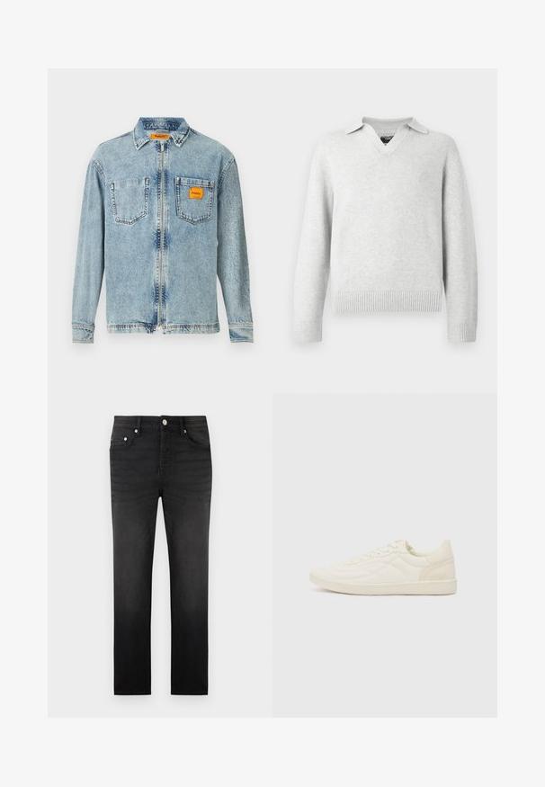 Heledad hallhallide V-kaelusega kampsun, millel on krae. Kootud mansetid ja ääred, pehme tekstuur ja vaba lõige.; Helefrontse lukuga helesinine denim jakker, kahe rindkere taskuga ja väikese oranži Replay Inc. etiketi avaga paremas taskus ja kraes.; Mustad kitsad teksad, viie tasku, nupu ja luku sulgemisega ning vöökandadega, esitletud tavalise valge tausta ees.; ALDO THEPITCH - Tossud - white