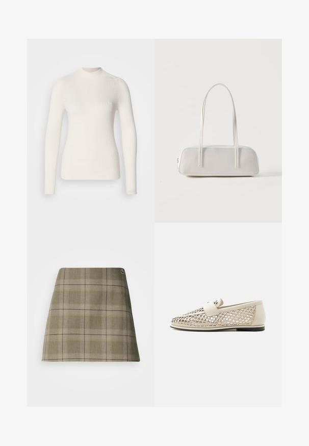Witte geribbelde longsleeve top met een hoge hals. Heeft een getailleerde vorm en een subtiele logodetaillering op de borst. Gladde textuur.; Geruite mini-rok in olijfgroen en beige, met een rechte snit, een subtiele textuur en een klein logo-accent bij de tailleband.; Beige leren loafer met open rasterontwerp, platte zwarte zool en een stevige band over de bovenkant, zijaanzicht op witte achtergrond.; Witte rechthoekige schoudertas met lange dunne bandjes, minimale stiksels en ritssluiting op een effen achtergrond.