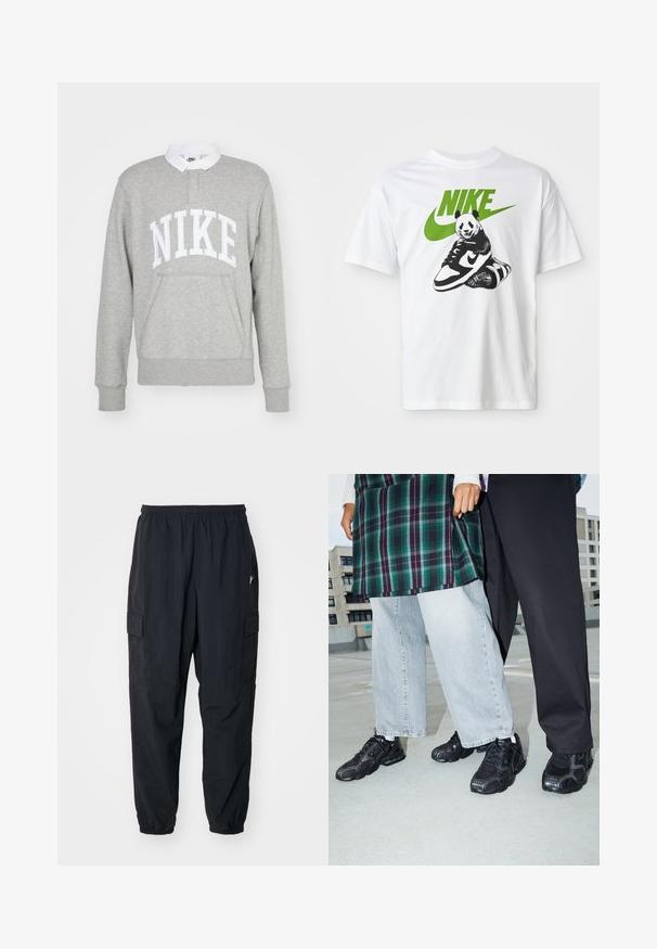 Sudadera gris con el logo blanco de "NIKE", puños acanalados y diseño con cuello. Fabricada con tela suave y con un bolsillo delantero.; Camiseta de algodón blanca con un gráfico en blanco y negro de un panda sosteniendo una zapatilla Nike, con un logotipo de Nike verde arriba.; Pantalones cargo negros hechos de un material ligero, con una cintura elástica, bolsillos laterales y un ajuste relajado con puños elásticos.; Zapatillas deportivas negras con acentos de malla y goma. Combinadas con jeans de pierna ancha de color gris claro y una blusa de cuadros verdes. Fondo de superficie plana.
