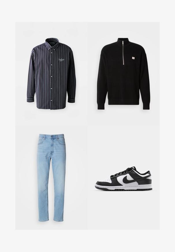 Pull noir en maille avec col montant et fermeture éclair. Présente un petit patch logo sur le côté gauche de la poitrine. Texture côtelée et manches longues.; Chemise à rayures à manches longues bleu marine et blanche, avec un col boutonné, des boutons sur le devant et un logo brodé sur la poitrine.; Jean en denim bleu clair avec une coupe droite, cinq poches et passants de ceinture. Le tissu présente une texture lisse avec un léger effet dégradé.; Baskets Nike Dunk en noir et blanc avec une tige en cuir, un bout perforé, des lacets noirs et une semelle en caoutchouc noir avec un motif de semelle.