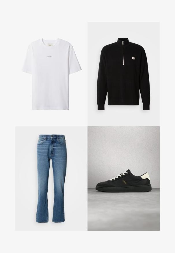 Zwarte gebreide trui met een hoge kraag en ritssluiting. Heeft een klein logo op de linkerborst. Geribbelde structuur en lange mouwen.; Witte katoenen T-shirt met een ronde hals en korte mouwen. Heeft een klein zwart "Calvin Klein"-logo in het midden van de borst.; Lichtblauwe denim jeans met een rechte snit en een lichte flare. Beschikt over vijf zakken, een knoopsluiting en subtiele wassingdetails.; Zwarte sneaker met witte veters en hielstuk, "HUGO"-logo aan de zijkant, zwevend in de lucht tegen een grijze vloer en een achtergrond van glazen blokken.
