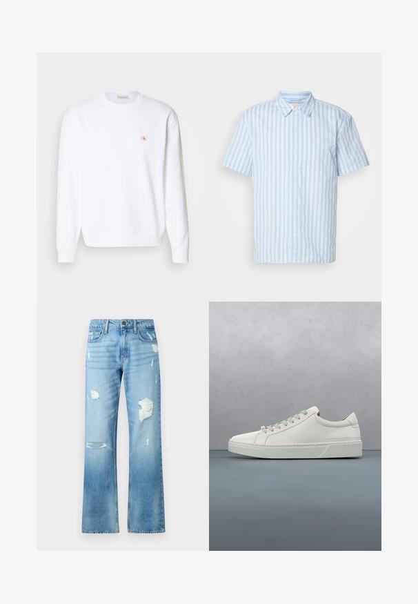 Sudadera blanca de manga larga, con cuello redondo y puños acanalados. Presenta un pequeño logo en rojo y beige en la parte izquierda del pecho. Textura suave.; Camisa de botones de manga corta en tejido azul claro con rayas verticales. Presenta un cuello con puntas y botones blancos en la parte delantera.; Vaqueros de mezclilla azul claro con un diseño de pierna recta, que presentan detalles desgastados y un acabado desvaído. Incluyen un botón de metal y cinco bolsillos.; Zapatilla blanca de cuero con punta redondeada, diseño minimalista, cordones grises y suela de goma texturizada gris. Detalles de costura sutiles visibles.