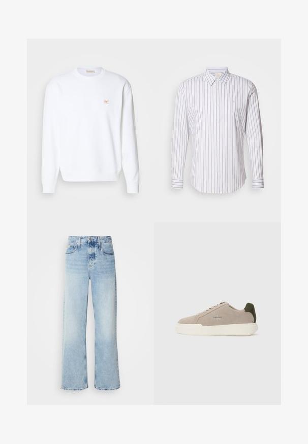 Sudadera blanca de manga larga, con cuello redondo y puños acanalados. Presenta un pequeño logo en rojo y beige en la parte izquierda del pecho. Textura suave.; Calvin Klein SLIM FIT - Camisa - gray marble; Vaqueros de pierna ancha en azul claro con una alta cintura, que presentan un acabado desgastado, cinturillas y un clásico diseño de cinco bolsillos. El dobladillo es sin acabar.; Zapatillas de piel de ante beige con suela de goma blanca, que presentan un acento en el talón de color verde oscuro y un sutil logo en el lateral.
