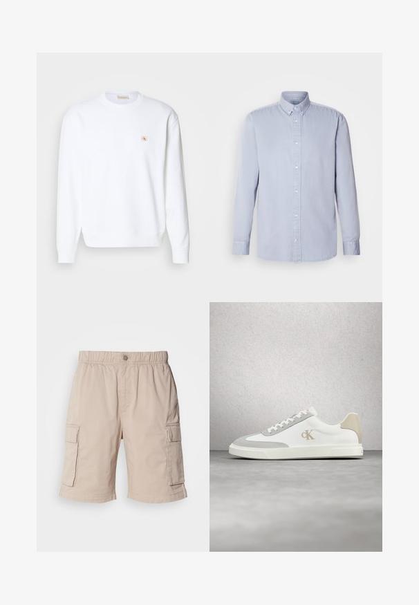 Hvid sweatshirt med lange ærmer, rund hals og ribbede manchetter. Har et lille logo i rød og beige på venstre brystområde. Glat tekstur.; Lyseblå langærmet skjorte med knaplukning lavet af bomuld med en blød textur, der har en klassisk krave og frontknapper.; Beige cargo shorts med elastisk talje, knaplukning, to sidelommer og ekstra lommer på lårene. Letvægtsstof.; Hvid Calvin Klein-sneaker med beige ruskindsdetaljer og logo, svævende over en glat grå gulv med glasblokvæg i baggrunden.