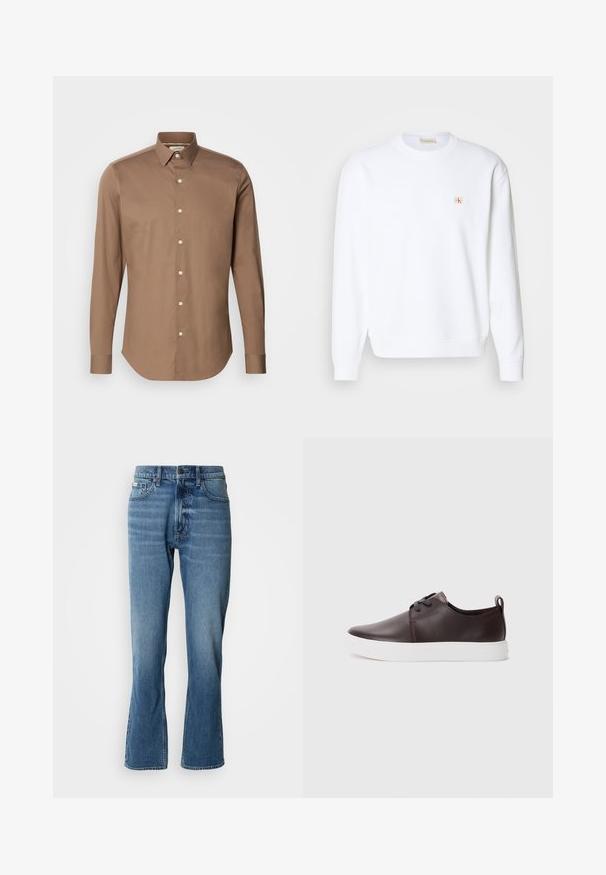Sweatshirt blanc à manches longues, col rond et poignets côtelés. Présente un petit logo rouge et beige sur la zone de la poitrine gauche. Texture lisse.; Calvin Klein SLIM - Chemise - new tan; Jeans en denim bleu clair avec une coupe droite et une légère évasée. Comprend cinq poches, une fermeture à bouton et des détails de décoloration subtils.; Baskets en cuir marron avec une finition lisse, semelle en caoutchouc blanche, bout rond et design à lacets. Comprend une languette au niveau du talon.